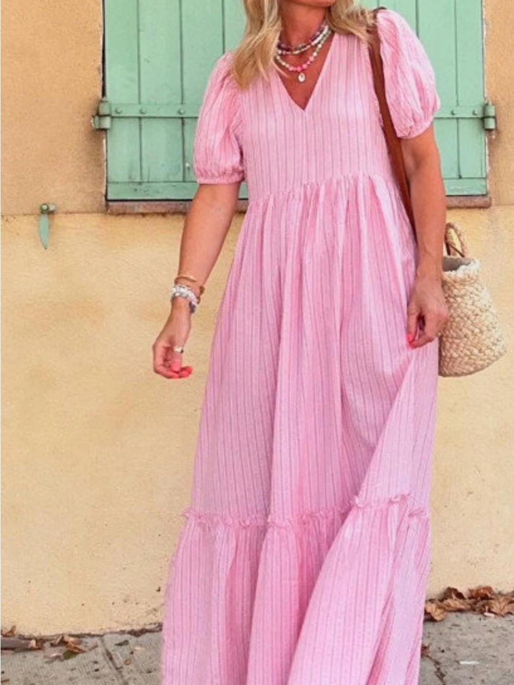 Boutique Pink V-Neck Maxi Dress with Puff Sleeves XL